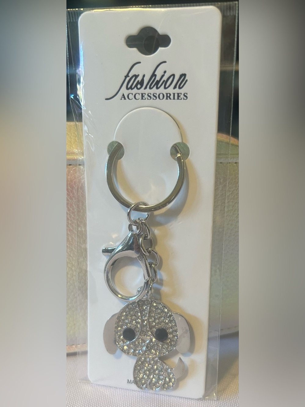Rhinestone Puppy Bag Charm/Keychain - Silver Sparkle - Picture 2 of 3